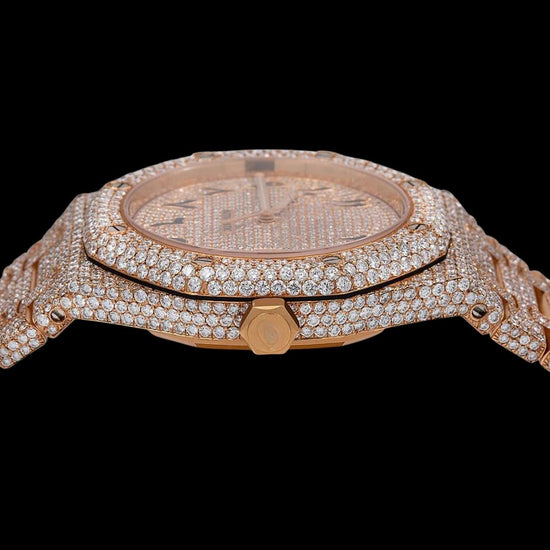 AP Royal Oak Arabic Dial Diamond Bezel Fully Iced Out Rose Gold Moissanite Watch Crown View