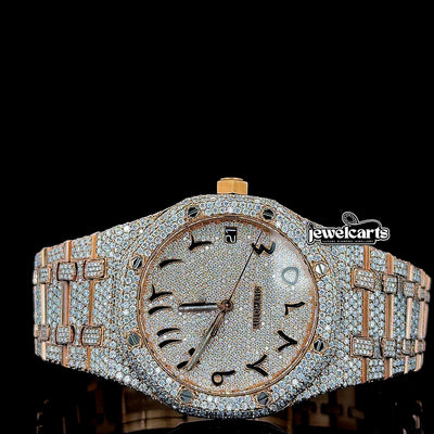 AP Royal Oak Arabic Dial Fully Iced Out Rose Gold Moissanite Watch