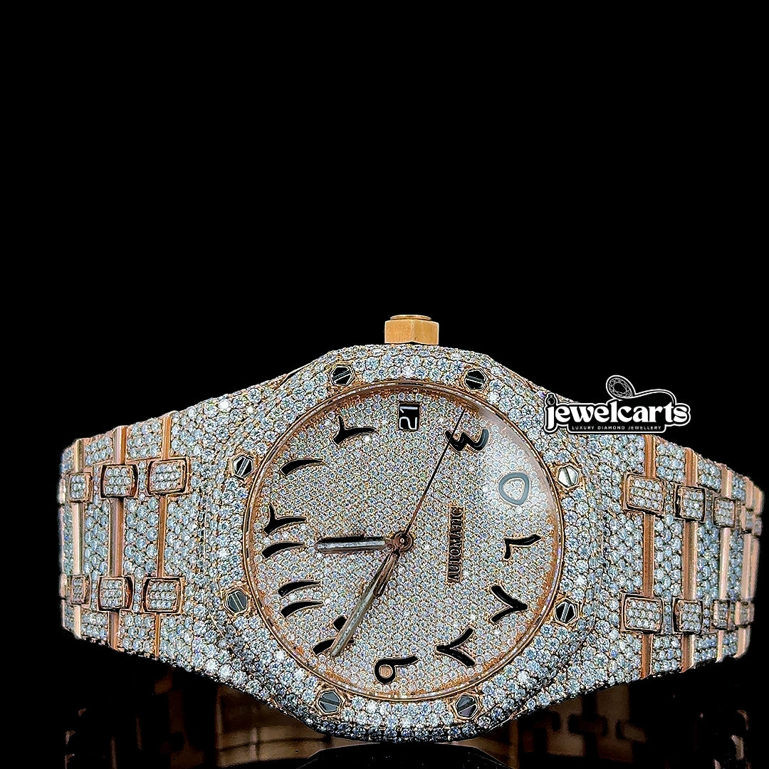 AP Royal Oak Arabic Dial Fully Iced Out Rose Gold Moissanite Watch Front View
