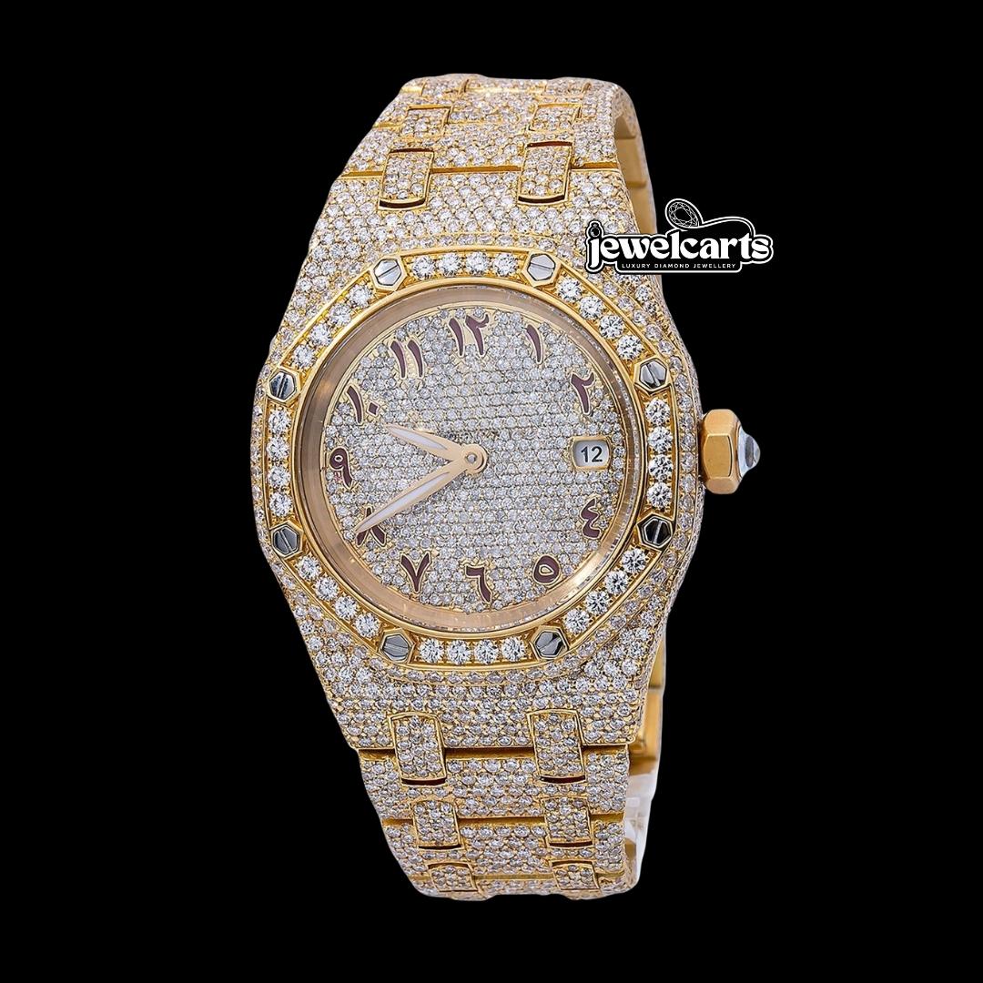 AP Royal Oak Arabic Numerals Diamond Dial Fully Iced Out Yellow Gold Moissanite Watch Front View