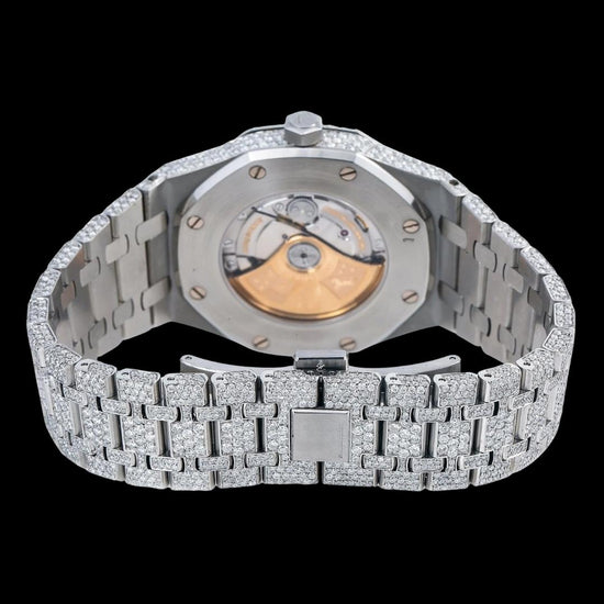 AP Royal Oak Baguette Markers Dial Fully Iced Out Moissanite Diamond Watch Caseback View