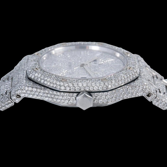 AP Royal Oak Baguette Markers Dial Fully Iced Out Moissanite Diamond Watch Crown View
