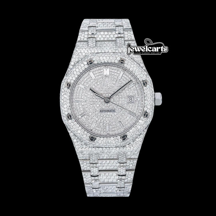 AP Royal Oak Baguette Markers Dial Fully Iced Out Moissanite Diamond Watch Front View