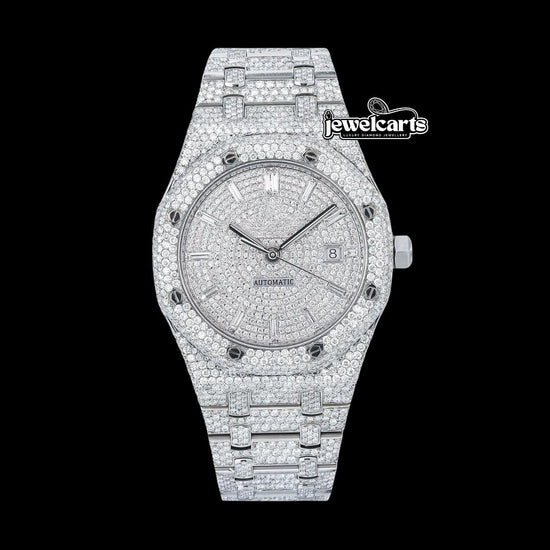 AP Royal Oak Baguette Markers Dial Fully Iced Out Moissanite Diamond Watch Front View