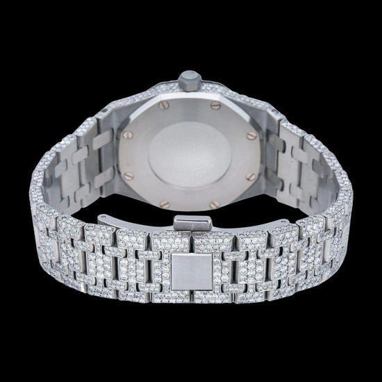 AP Royal Oak Black Dial White Stick Markers Fully Iced Out Moissanite Watch Caseback View