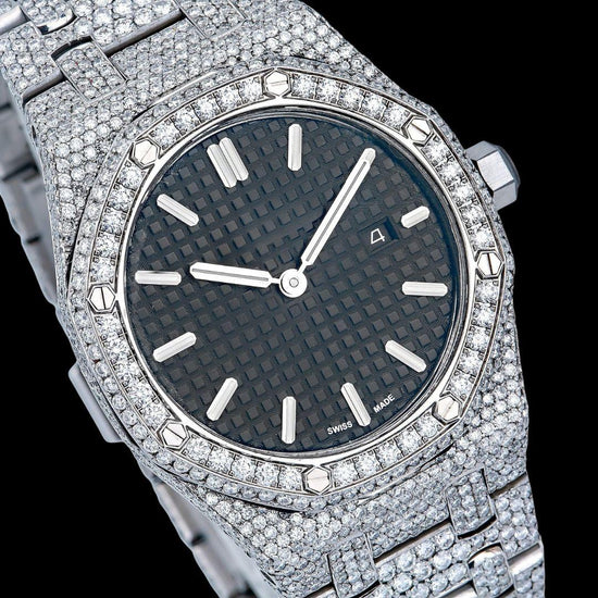 AP Royal Oak Black Dial White Stick Markers Fully Iced Out Moissanite Watch Close Up Dial View