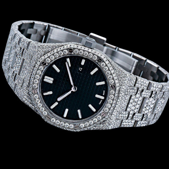 AP Royal Oak Black Dial White Stick Markers Fully Iced Out Moissanite Watch Close Up Front View