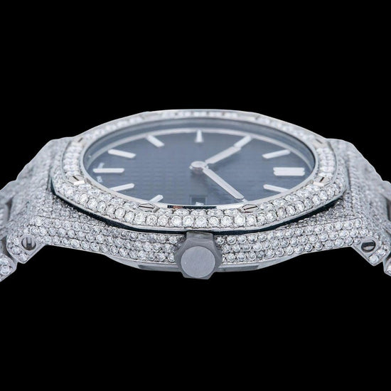 AP Royal Oak Black Dial White Stick Markers Fully Iced Out Moissanite Watch Crown View