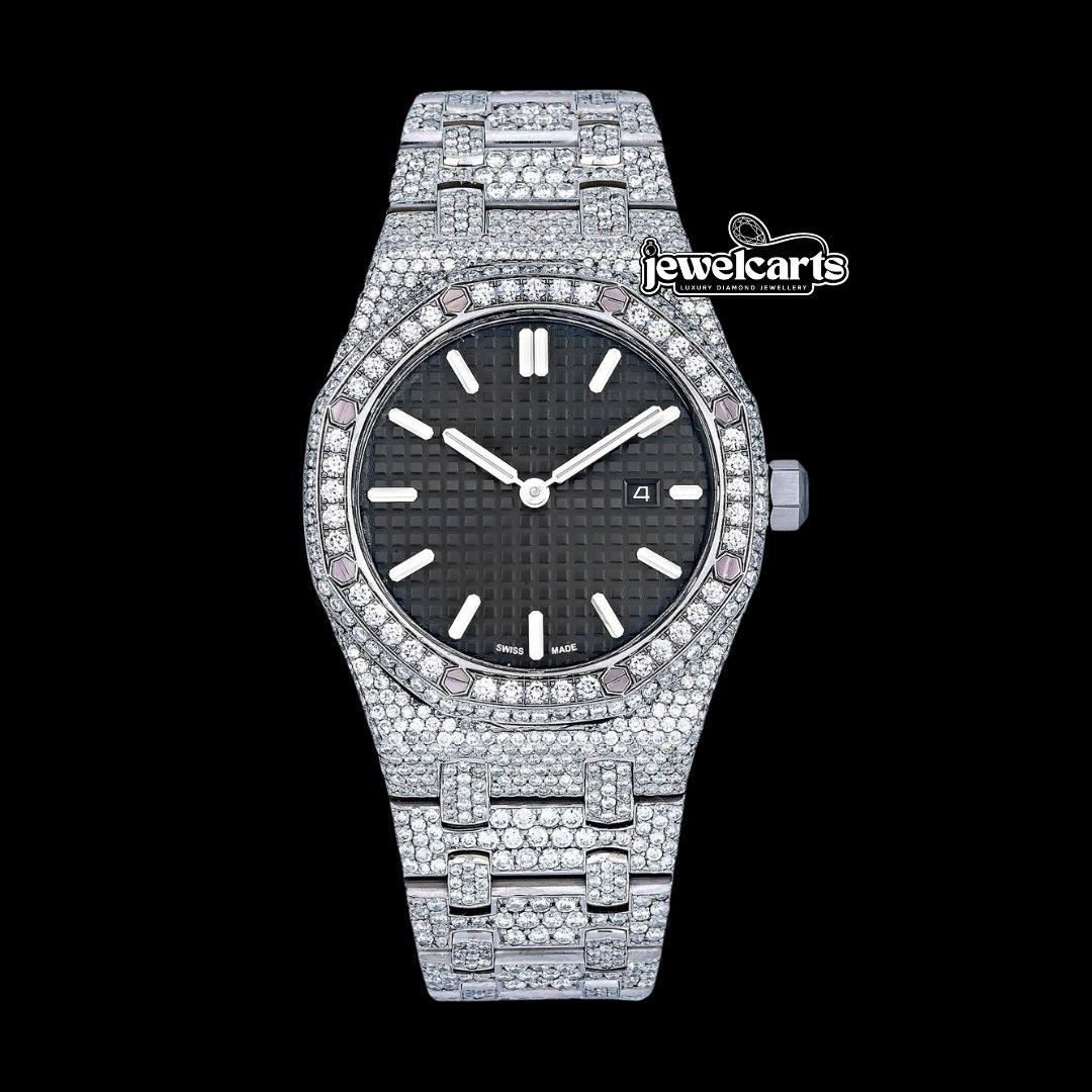 AP Royal Oak Black Dial White Stick Markers Fully Iced Out Moissanite Watch Front View