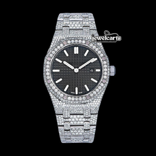 AP Royal Oak Black Dial White Stick Markers Fully Iced Out Moissanite Watch Front View