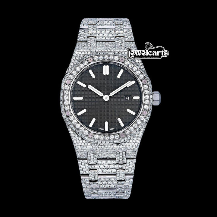 AP Royal Oak Black Dial White Stick Markers Fully Iced Out Moissanite Watch Front View