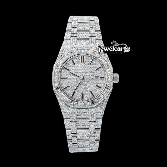 AP Royal Oak Black Stick Markers Diamond Dial Fully Iced Out Moissanite Diamond Watch Front View