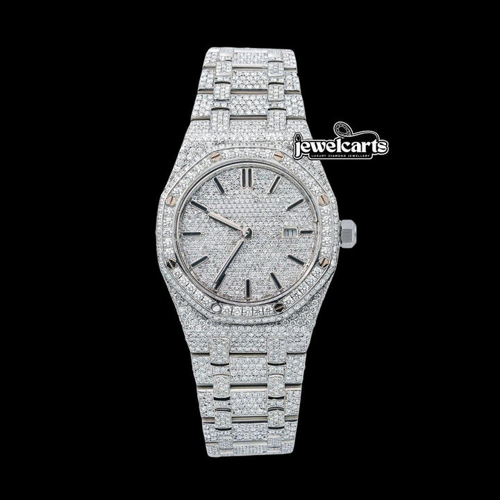 AP Royal Oak Black Stick Markers Diamond Dial Fully Iced Out Moissanite Diamond Watch Front View