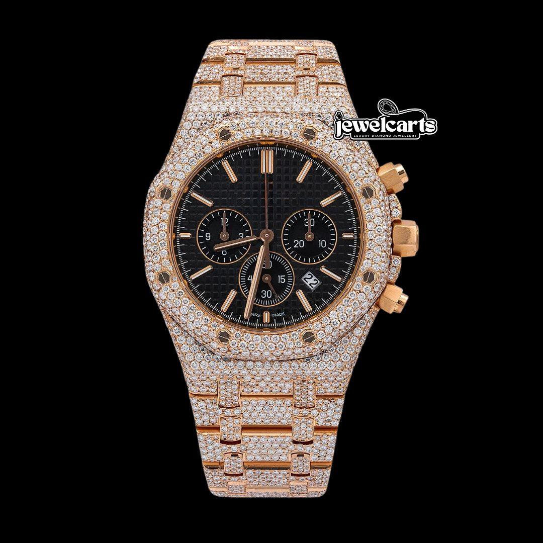 AP Royal Oak Chronograph Black Dial Stick Markers Fully Iced Out Rose Gold Moissanite Watch Front View