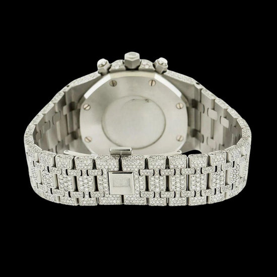 AP Royal Oak Chronograph Black Dial Stick Markets Fully Iced Out Moissanite Watch Caseback View