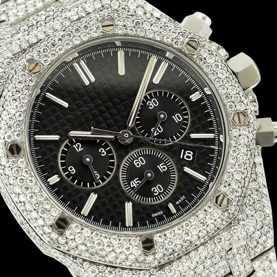 AP Royal Oak Chronograph Black Dial Stick Markets Fully Iced Out Moissanite Watch Close Up Chronograph View