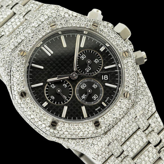 AP Royal Oak Chronograph Black Dial Stick Markets Fully Iced Out Moissanite Watch Close Up Dial View
