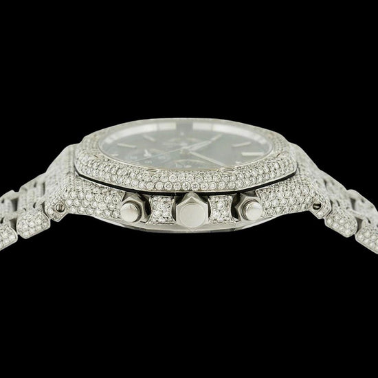 AP Royal Oak Chronograph Black Dial Stick Markets Fully Iced Out Moissanite Watch Crown View