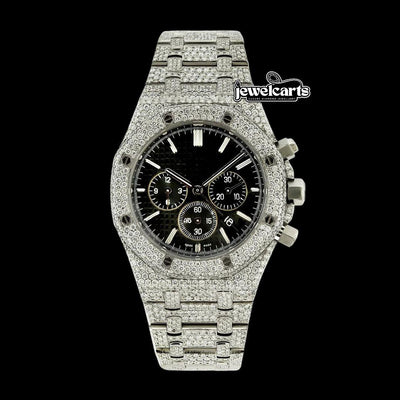 AP Royal Oak Chronograph Black Dial Stick Markets Fully Iced Out Moissanite Watch