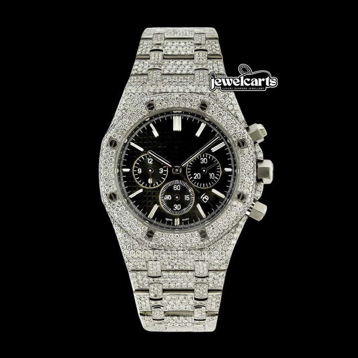 AP Royal Oak Chronograph Black Dial Stick Markets Fully Iced Out Moissanite Watch Front View