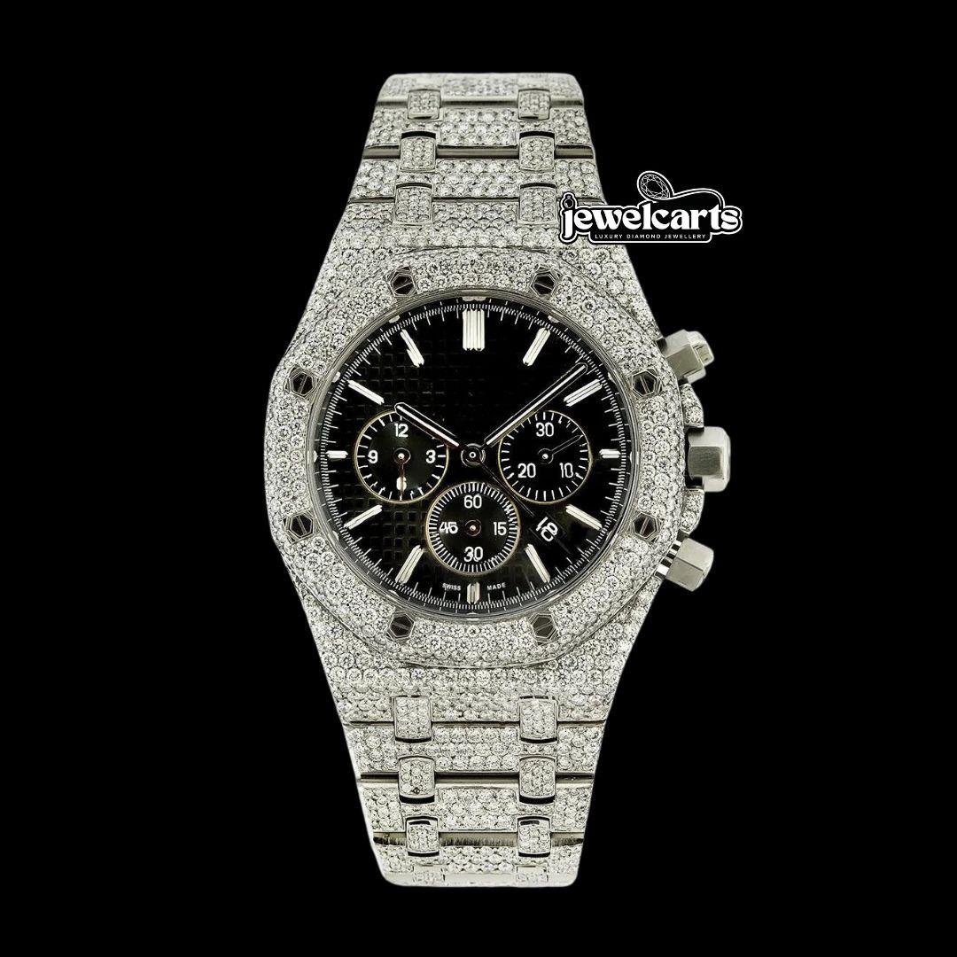 AP Royal Oak Chronograph Black Dial Stick Markets Fully Iced Out Moissanite Watch Front View