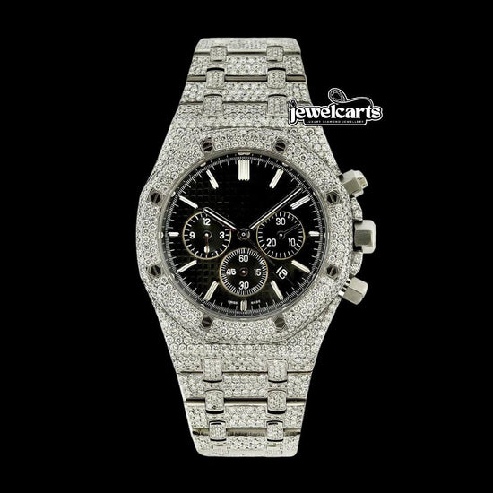 AP Royal Oak Chronograph Black Dial Stick Markets Fully Iced Out Moissanite Watch Front View