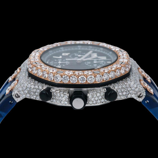 AP Royal Oak Chronograph Blue Dial White Standard Numerals Two Tone Rose Gold Semi Iced Out Rubber Strap Watch Crown View