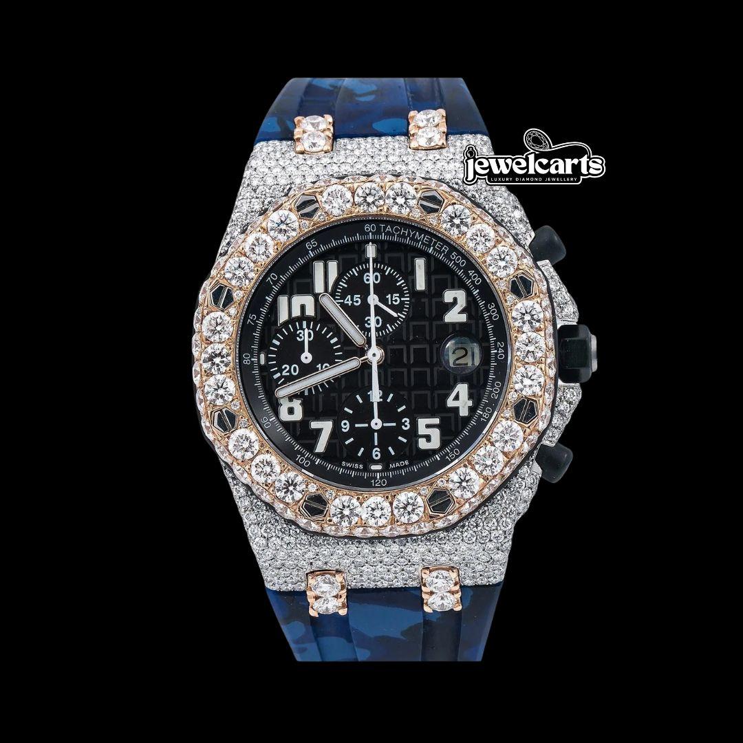AP Royal Oak Chronograph Blue Dial White Standard Numerals Two Tone Rose Gold Semi Iced Out Rubber Strap Watch Front View