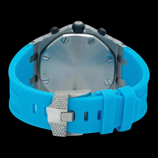 AP Royal Oak Chronograph Dial Red Standard Numerals Semi Iced Out Blue Rubber Strap Moissanite Watch Caseback View