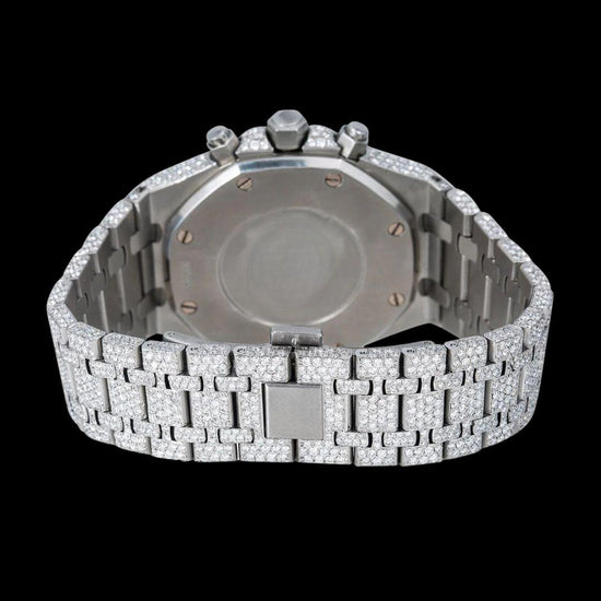 AP Royal Oak Chronograph Dial White Stick Markers Fully Iced Out White Gold Moissanite Watch Caseback View