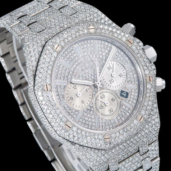 AP Royal Oak Chronograph Dial White Stick Markers Fully Iced Out White Gold Moissanite Watch Close Up Dial View