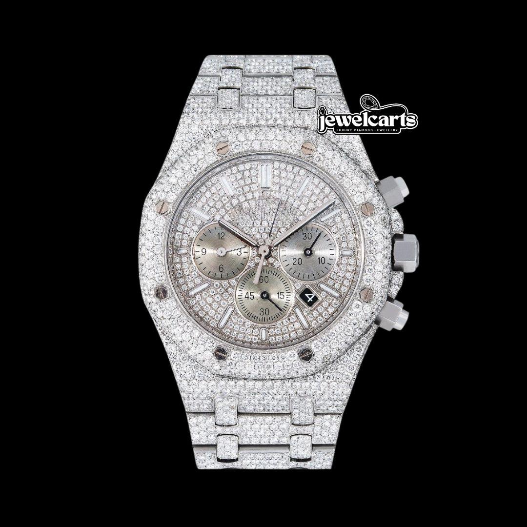 AP Royal Oak Chronograph Dial White Stick Markers Fully Iced Out White Gold Moissanite Watch Front View