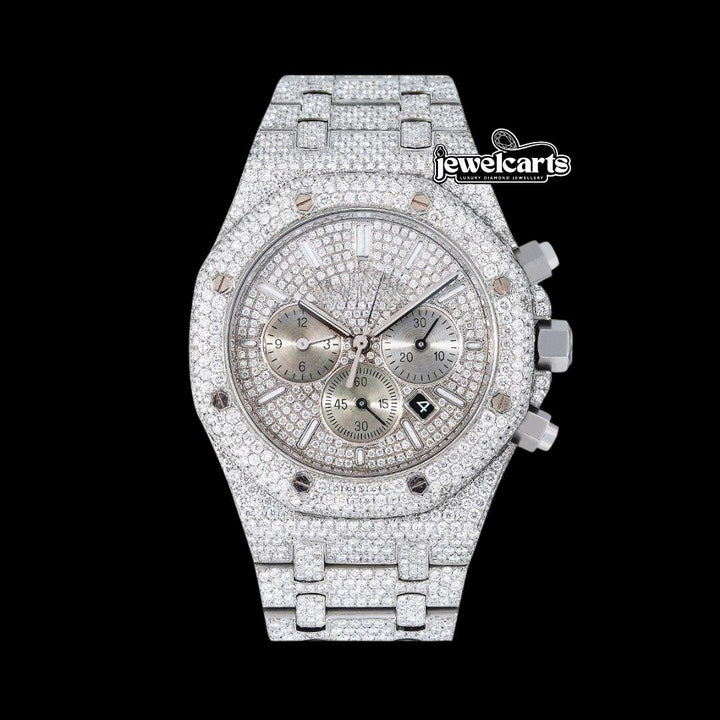 AP Royal Oak Chronograph Dial White Stick Markers Fully Iced Out White Gold Moissanite Watch Front View