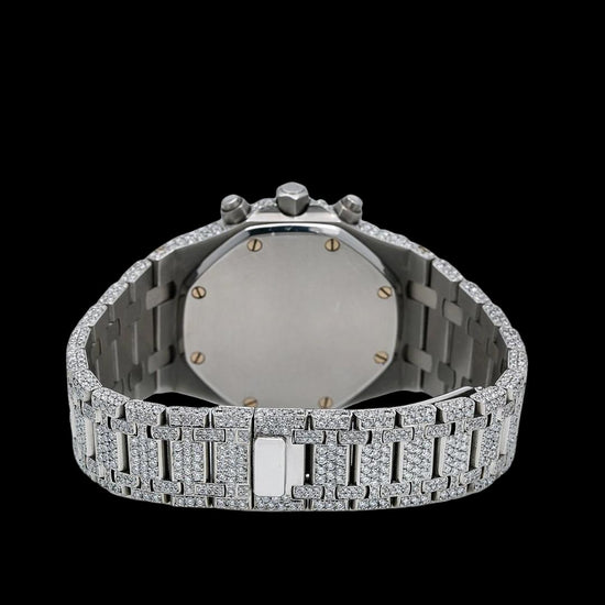 AP Royal Oak Diamond Chronograph Dial Stick Markers Fully Iced Out Moissanite Watch Caseback View