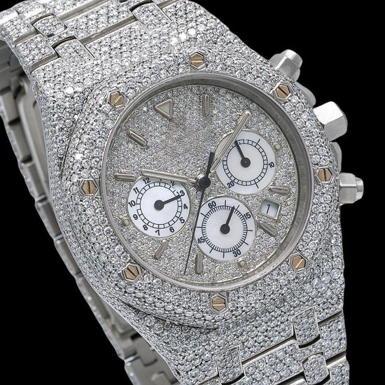 AP Royal Oak Diamond Chronograph Dial Stick Markers Fully Iced Out Moissanite Watch Close Up Dial View