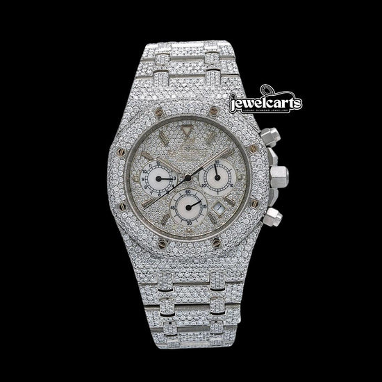 AP Royal Oak Diamond Chronograph Dial Stick Markers Fully Iced Out Moissanite Watch Front View