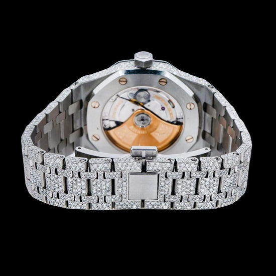 AP Royal Oak Diamond Dial Pink Arabic Numerals Fully Iced Our Moissanite Watch Caseback View