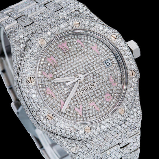 AP Royal Oak Diamond Dial Pink Arabic Numerals Fully Iced Our Moissanite Watch Close Up Dial View