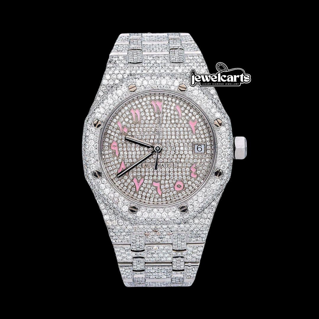 AP Royal Oak Diamond Dial Pink Arabic Numerals Fully Iced Our Moissanite Watch Front View