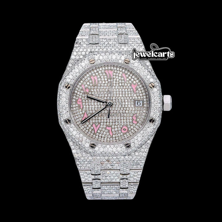 AP Royal Oak Diamond Dial Pink Arabic Numerals Fully Iced Our Moissanite Watch Front View