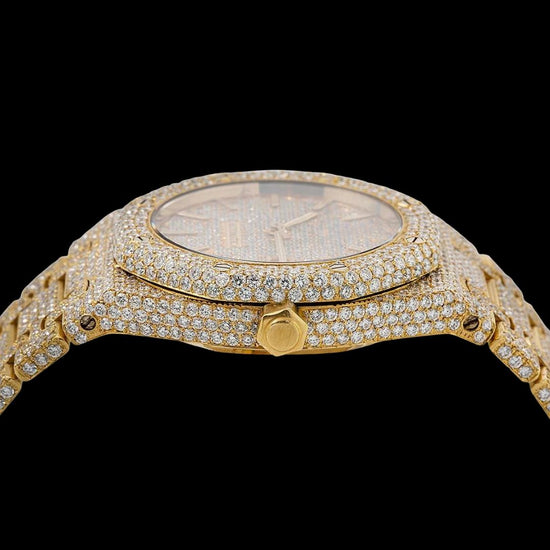 AP Royal Oak Diamond Dial Stick Markers Fully Iced Out Yellow Gold Moissanite Watch Crown View