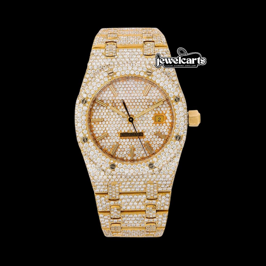 AP Royal Oak Diamond Dial Stick Markers Fully Iced Out Yellow Gold Moissanite Watch Front View