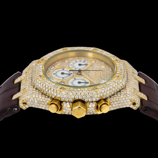AP Royal Oak Diamond Markers Chronograph Dial Semi Iced Out Leather Strap Watch Crown View
