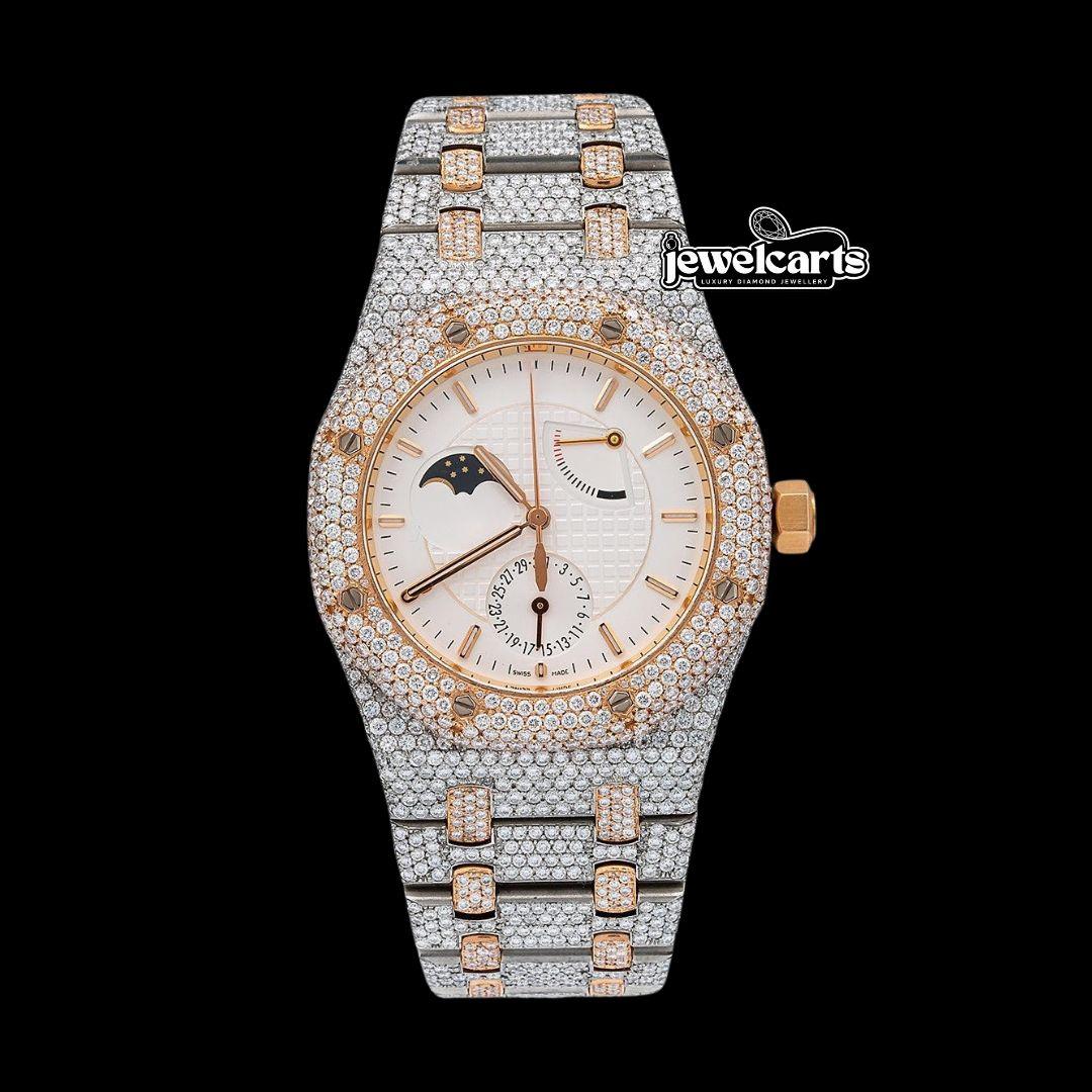 AP Royal Oak Moonphase White Dial Stick Markers Two Tone Rose Gold Moissanite Watch Front View