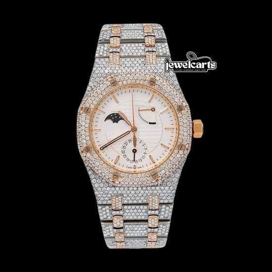 AP Royal Oak Moonphase White Dial Stick Markers Two Tone Rose Gold Moissanite Watch Front View