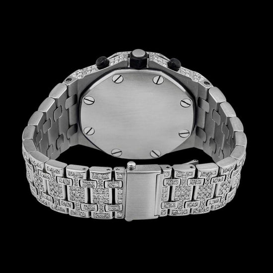 AP Royal Oak Offshore Black Dial White Chronograph Fully Iced Out Moissanite Watch Caseback View