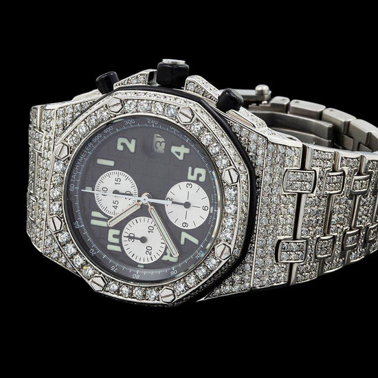 AP Royal Oak Offshore Black Dial White Chronograph Fully Iced Out Moissanite Watch Close Up Front View