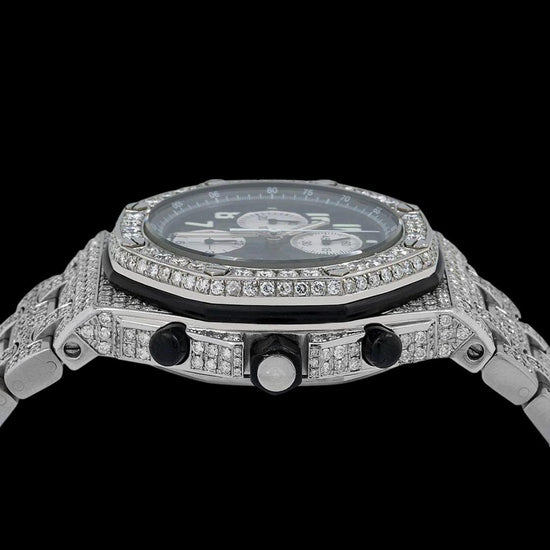 AP Royal Oak Offshore Black Dial White Chronograph Fully Iced Out Moissanite Watch Crown View