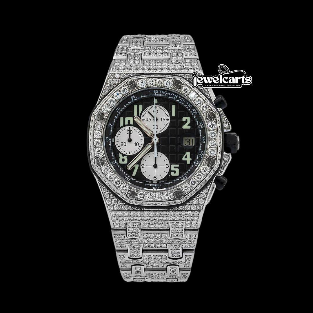 AP Royal Oak Offshore Black Dial White Chronograph Fully Iced Out Moissanite Watch Front View