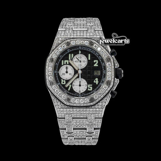 AP Royal Oak Offshore Black Dial White Chronograph Fully Iced Out Moissanite Watch Front View
